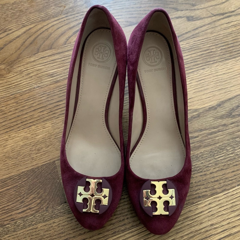 Tory Burch burgundy suede wedge heels, size 8